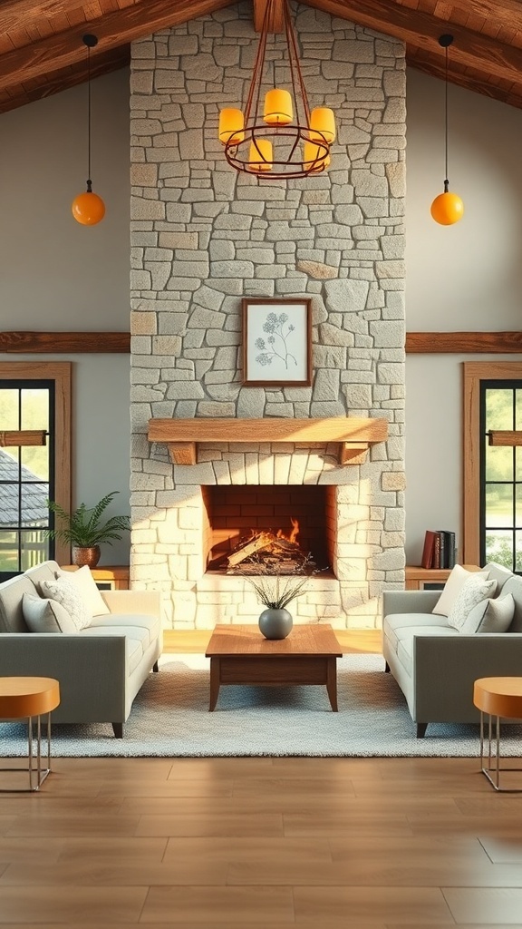 A rustic stone fireplace in a cozy living room setting with comfortable seating and warm lighting.