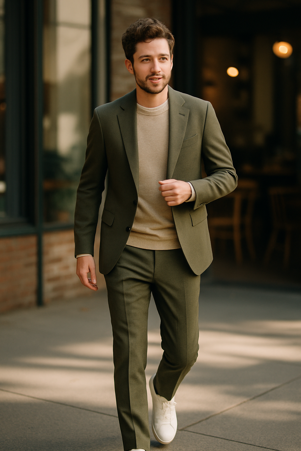 A man wearing an olive suit and white sneakers, walking confidently.
