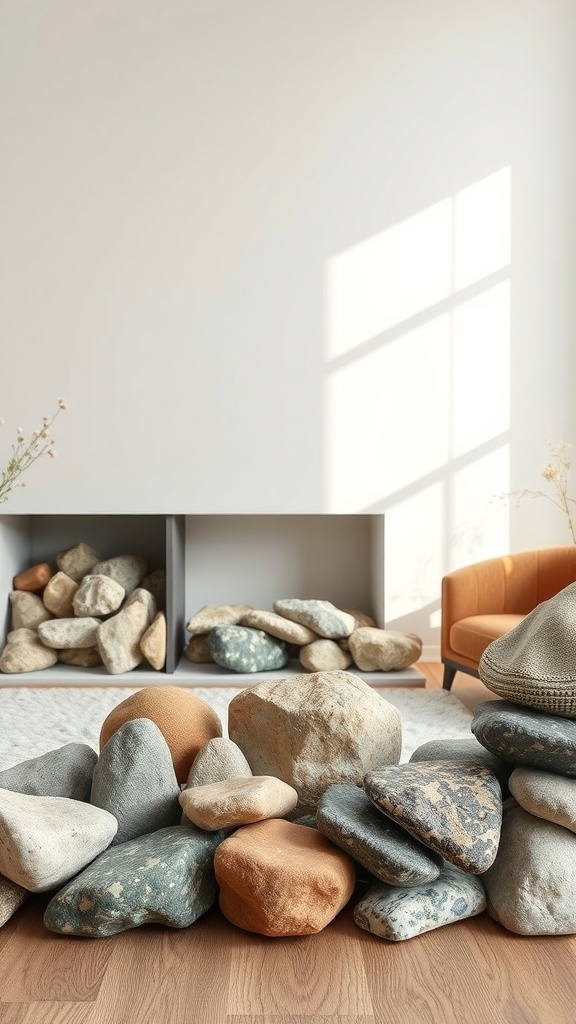 A variety of rustic stones arranged for a fireplace, showcasing different textures and colors.