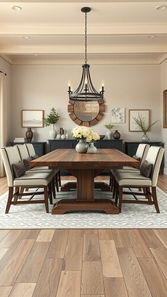 A rustic dining table with six chairs in a cozy dining room setting.
