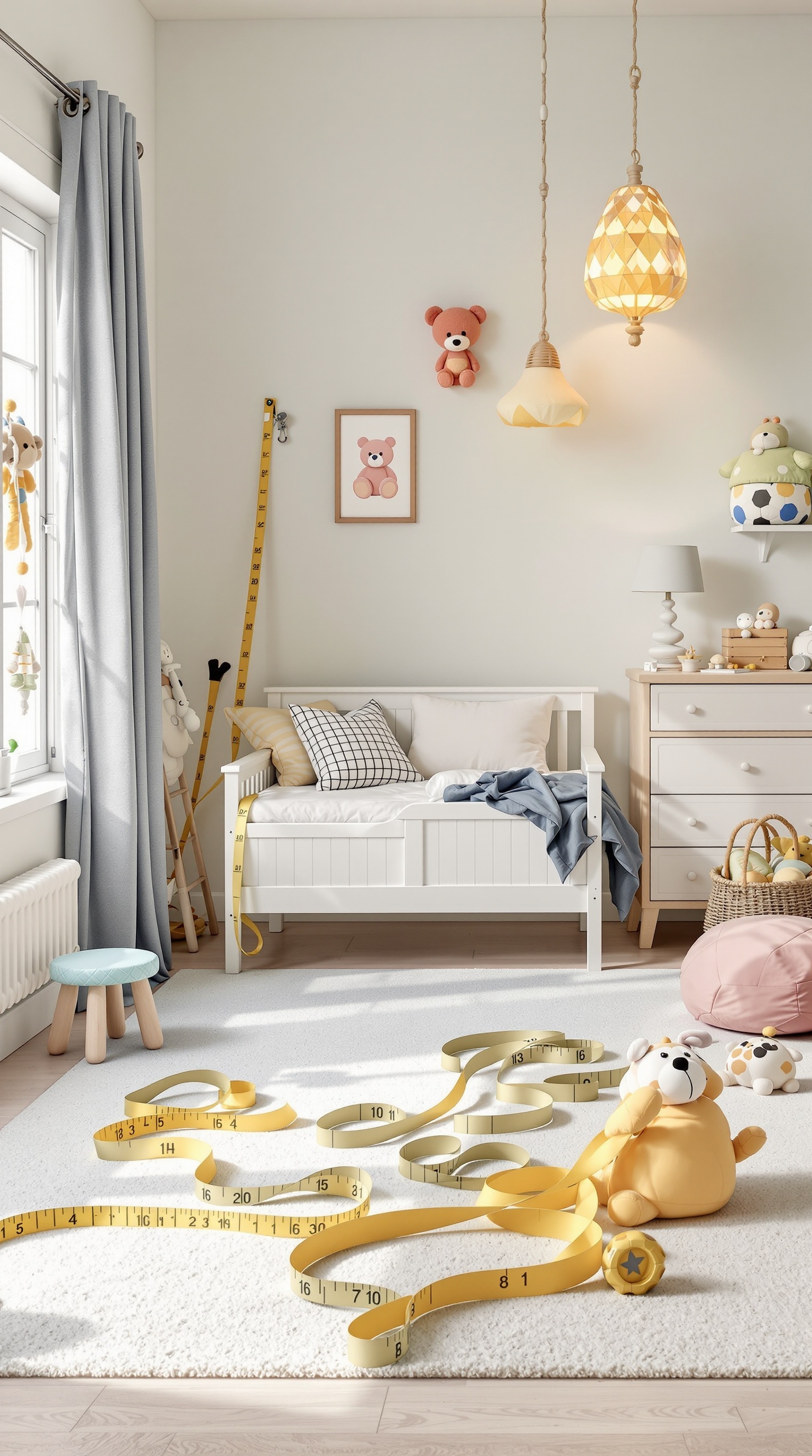 A cozy toddler bedroom featuring a white bed, measuring tape, and playful decor.