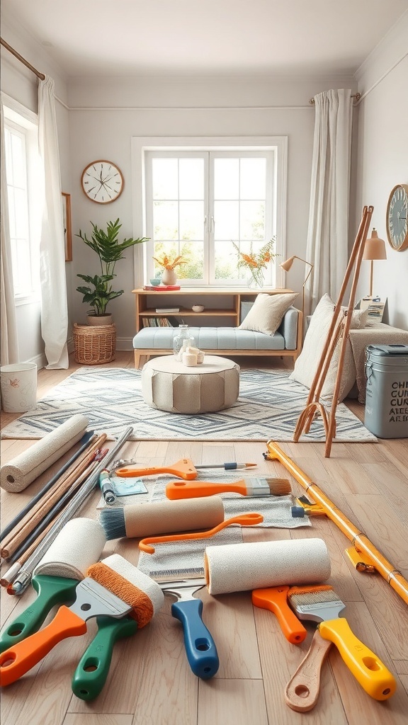 A variety of painting tools including rollers, brushes, and trays arranged in a living room setting.