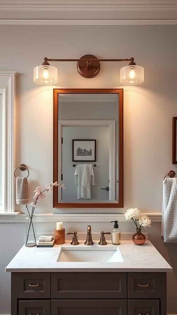 A stylish bathroom vanity with two light fixtures, a mirror, and a sink.