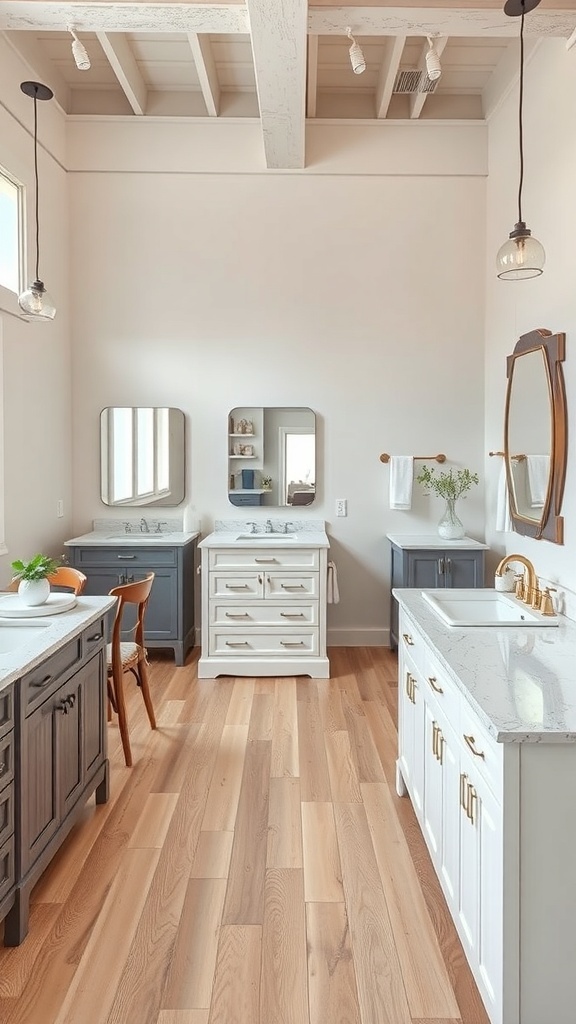 A stylish basement bathroom with multiple vanities, featuring gray and white finishes and wooden accents.