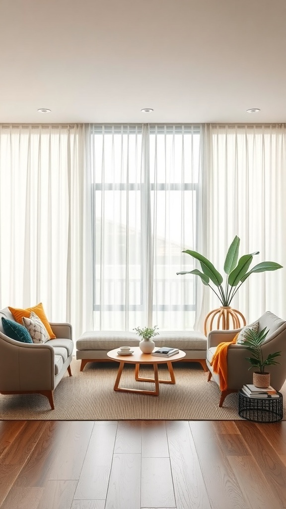 Cozy mid-century modern living room with large windows and sheer curtains