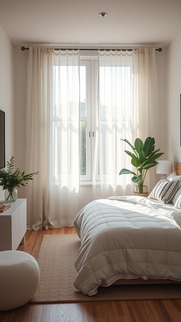 Cozy small bedroom with sheer curtains and a plant by the window
