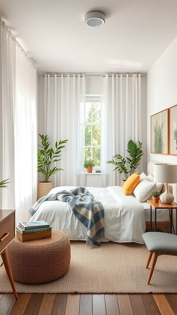 A cozy tiny guest bedroom featuring light sheer curtains, a comfortable bed, and plants for a fresh look.