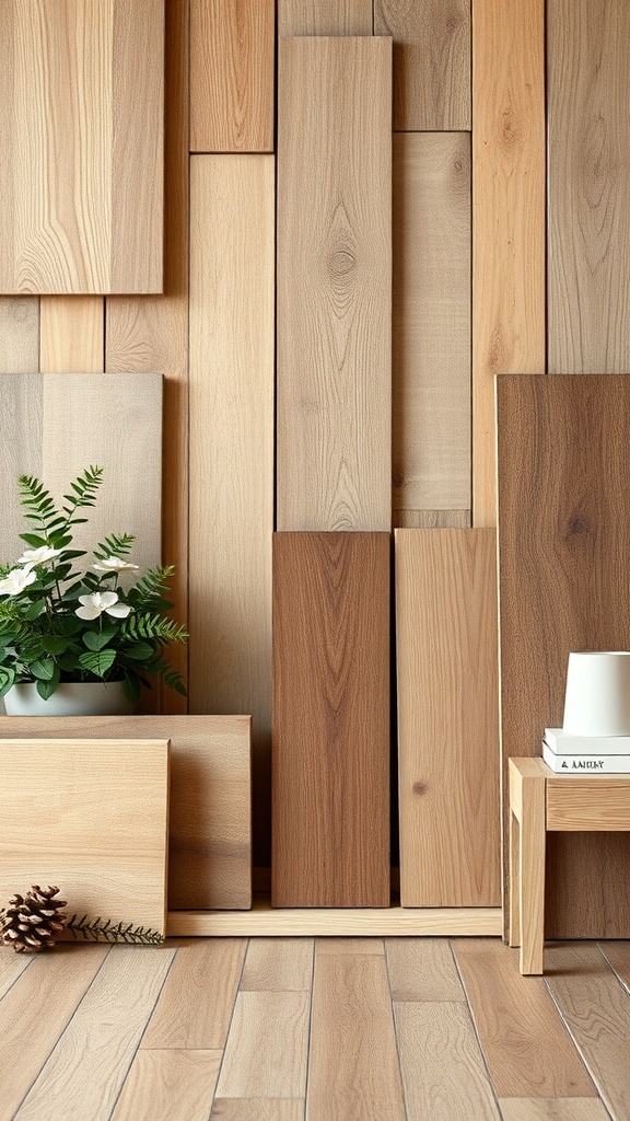 A variety of wood samples in different shades and textures, with a plant and a small table in the foreground.