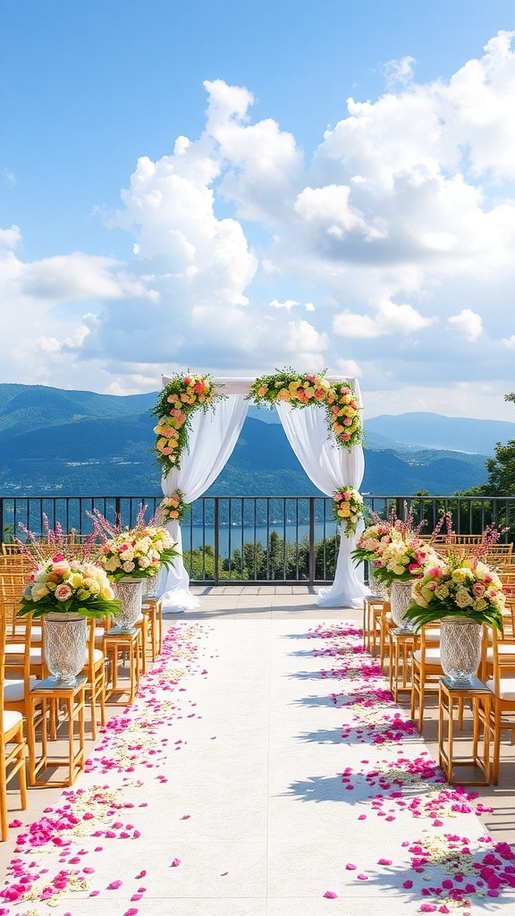 A wedding ceremony setup with chairs, floral arrangements, and a backdrop of mountains and sky.