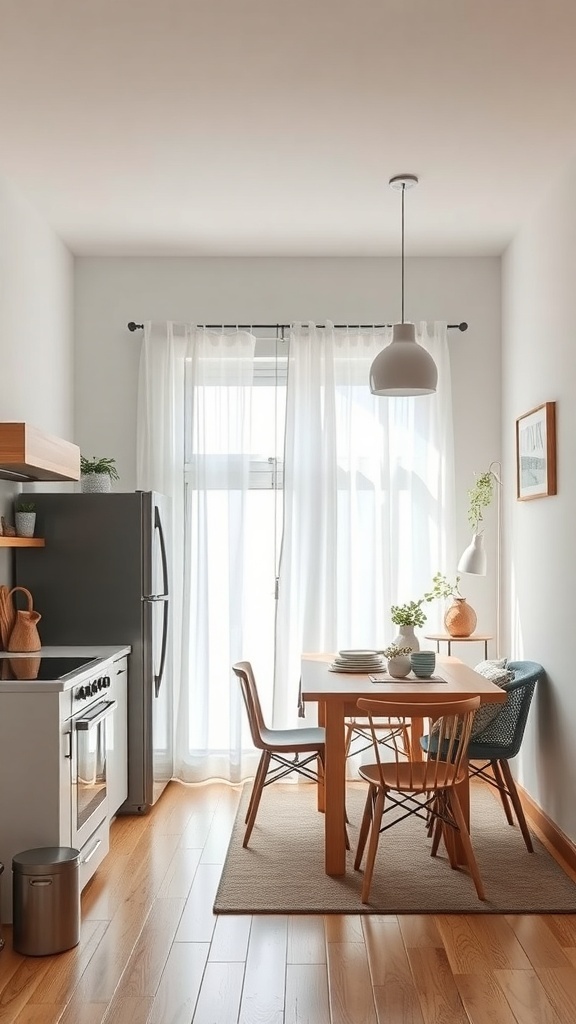 A small kitchen with a table, chairs, and sheer white curtains allowing natural light to enter.