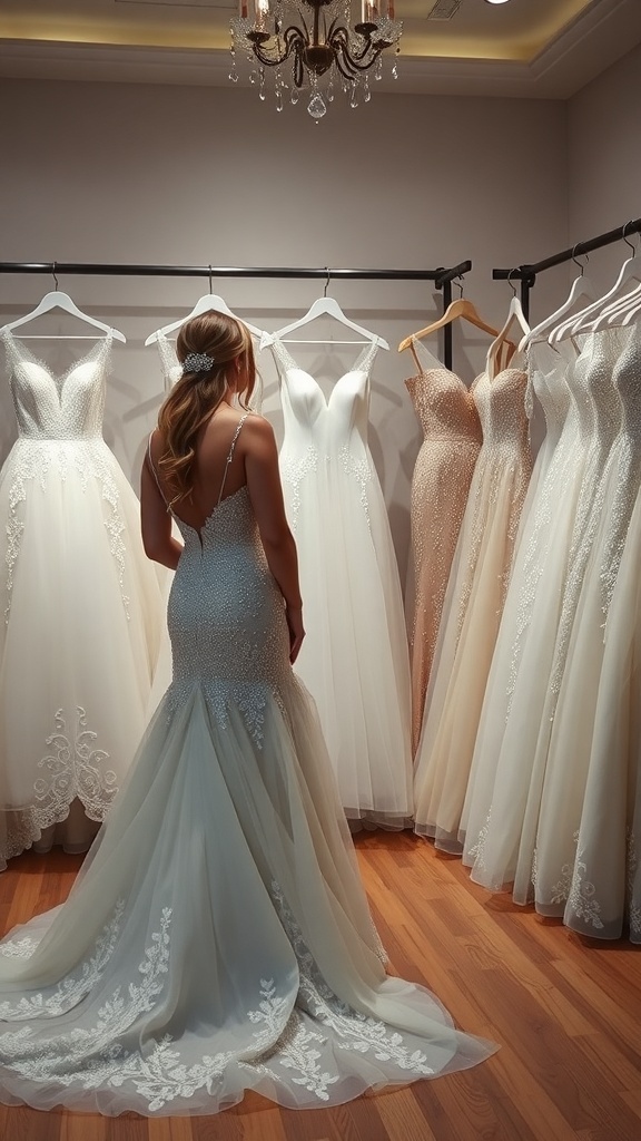 A bride looking at wedding dresses in a boutique, surrounded by elegant options.