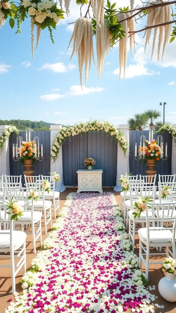A beautifully decorated wedding venue with a floral aisle, chairs for guests, and a floral backdrop.