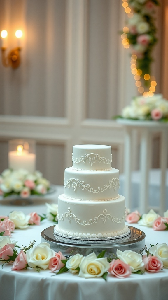 A three-tiered wedding cake beautifully decorated, surrounded by roses and a candlelit background.