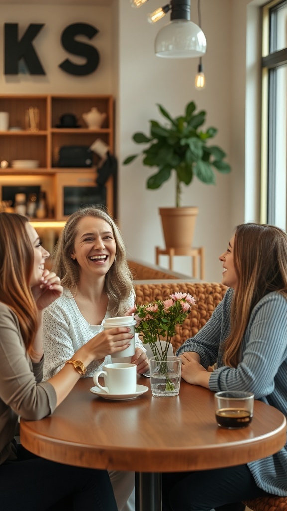 A group of friends sitting at a table in a cafe, laughing and enjoying each other's company with coffee and flowers.