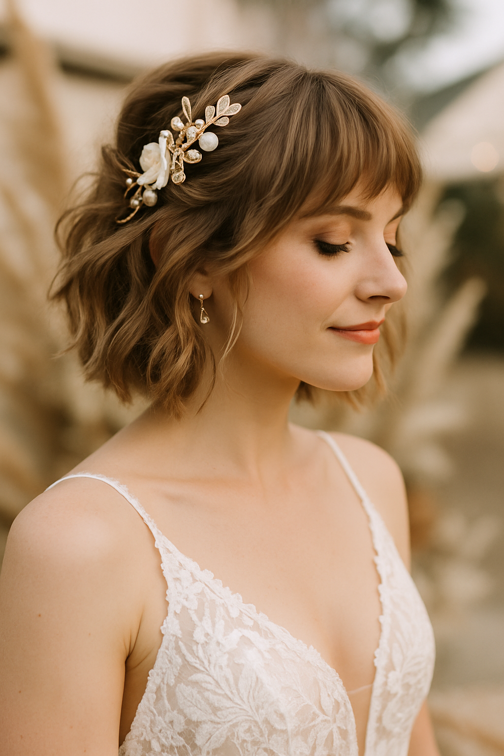 A bride with choppy layered hair and a decorative hair accessory, showcasing a modern wedding hairstyle.