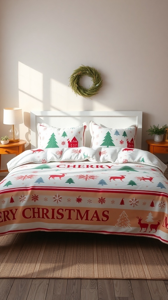 A festive Christmas-themed bedspread featuring reindeer, trees, and snowflakes on a cozy bed.