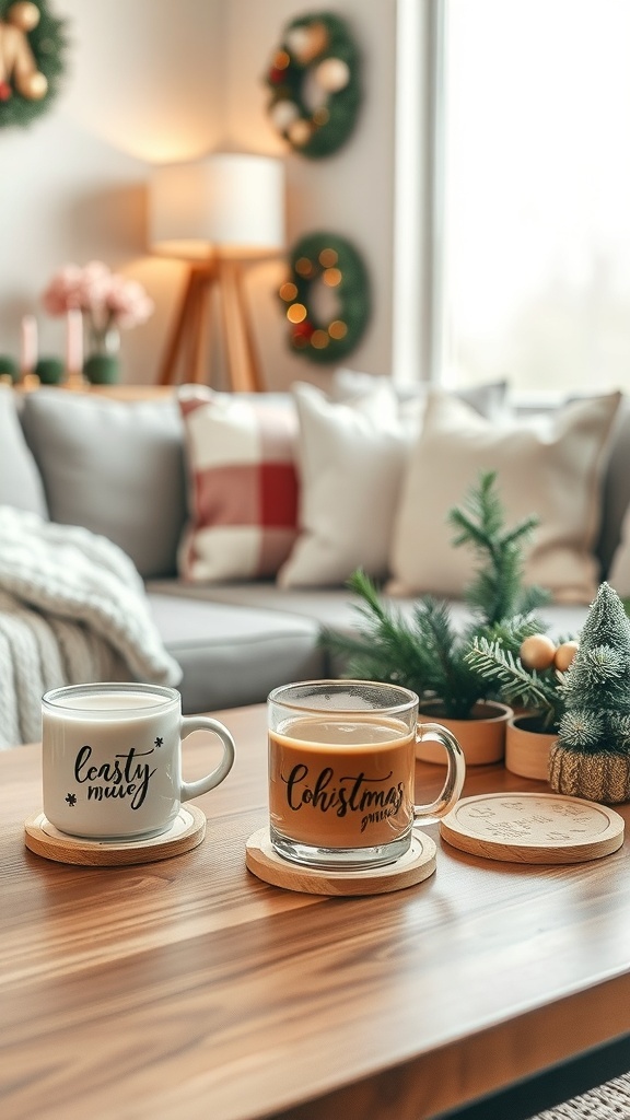 A cozy coffee table decorated for Christmas with festive mugs and coasters.