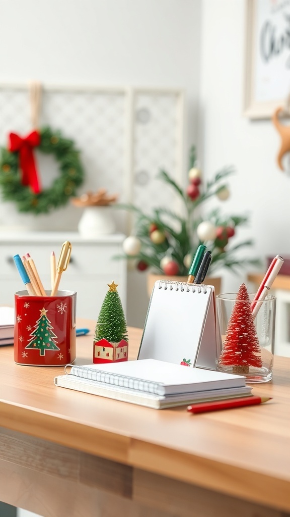 A festive desk setup with Christmas-themed accessories including a red pencil holder, small decorative trees, and notebooks.
