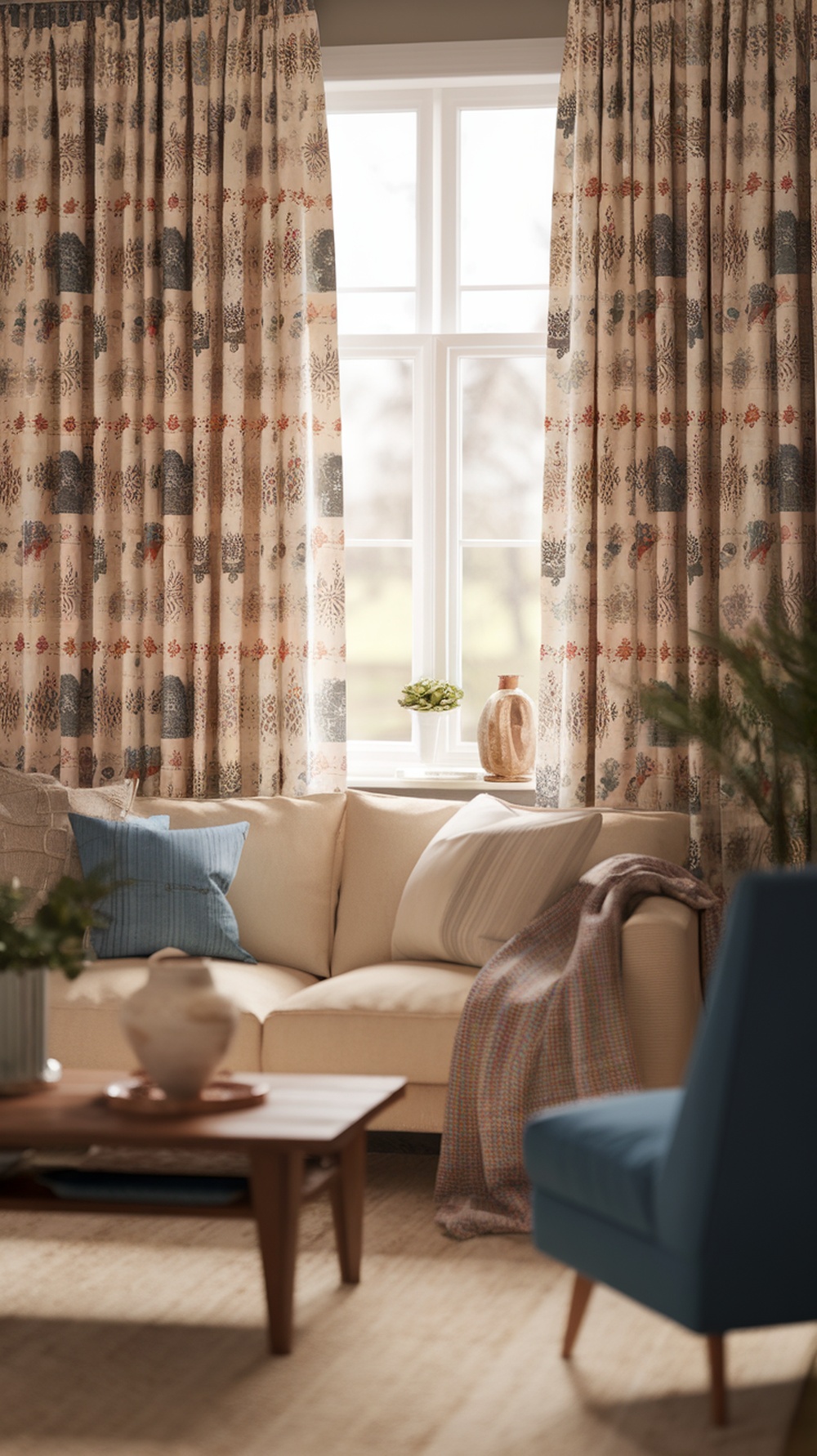 A cozy living room with Christmas-themed fabric curtains featuring trees and snowflakes, a light-colored sofa, and decorative pillows.