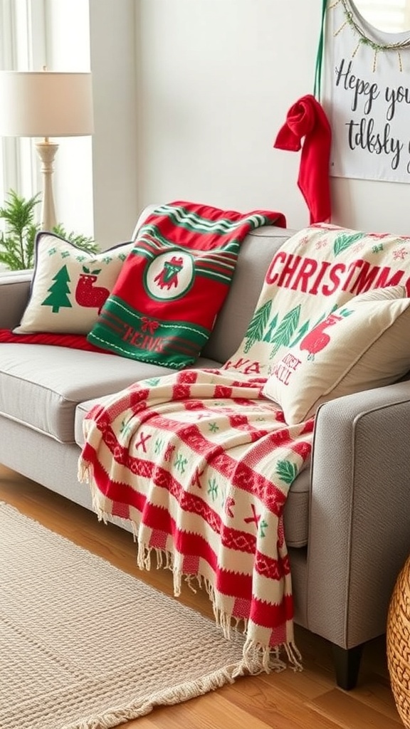 A cozy couch decorated with Christmas-themed throws and pillows, featuring festive colors and patterns.