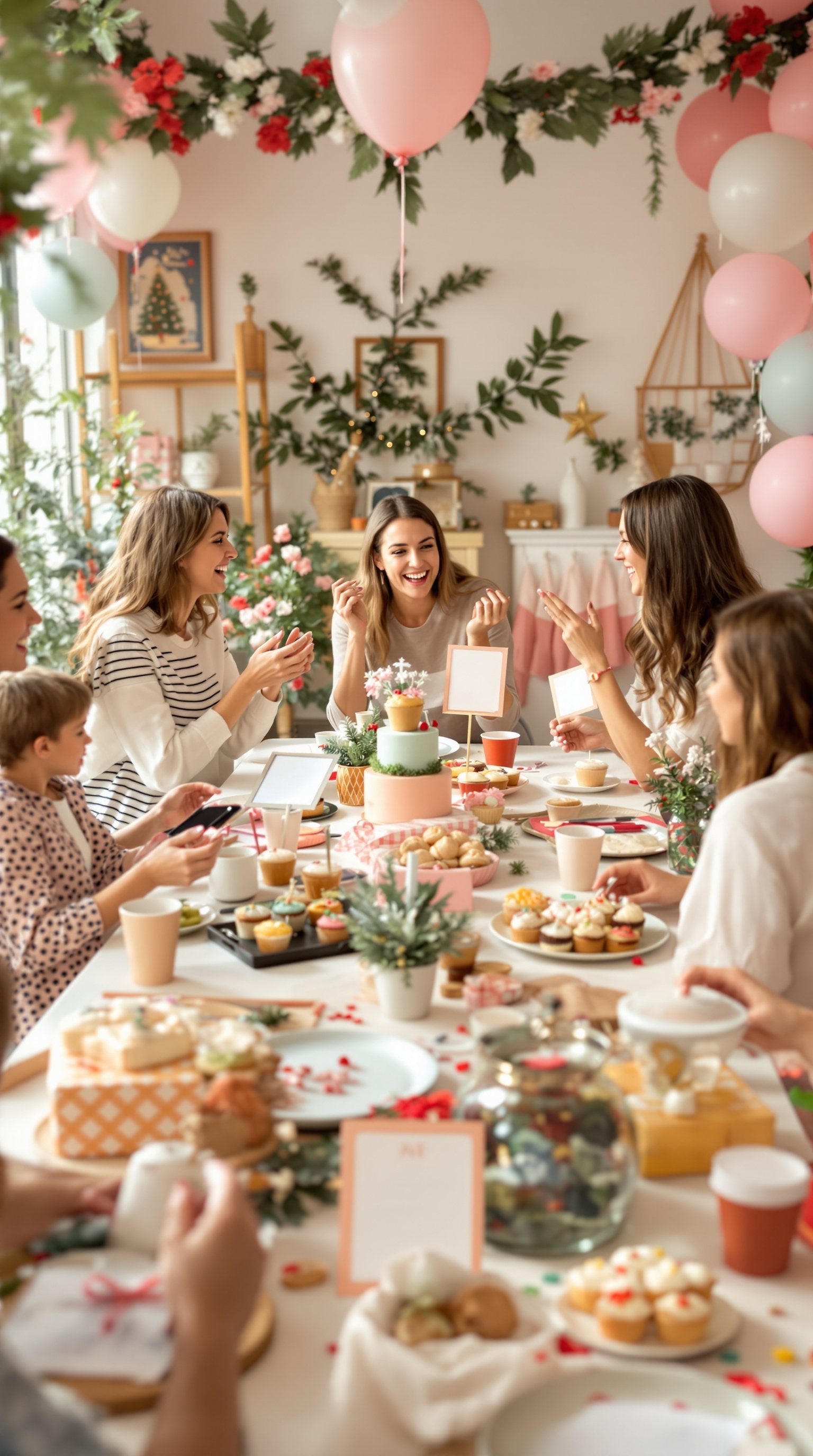 A festive baby shower scene with friends playing games and enjoying treats.