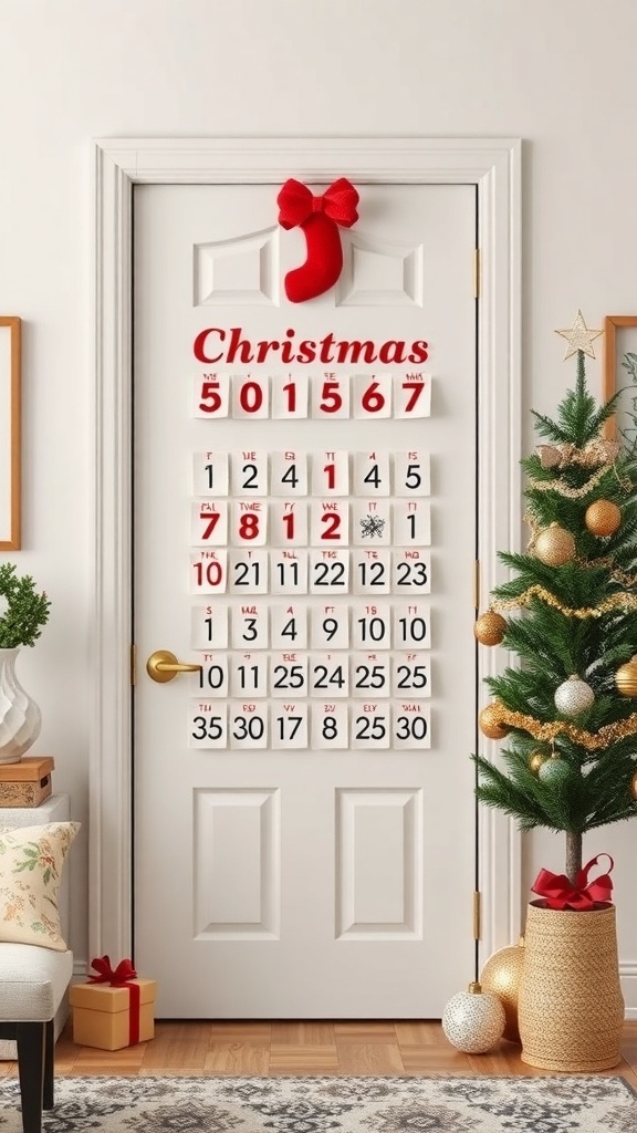 A Christmas Countdown Calendar displayed on a door, featuring red numbers and a decorative bow.