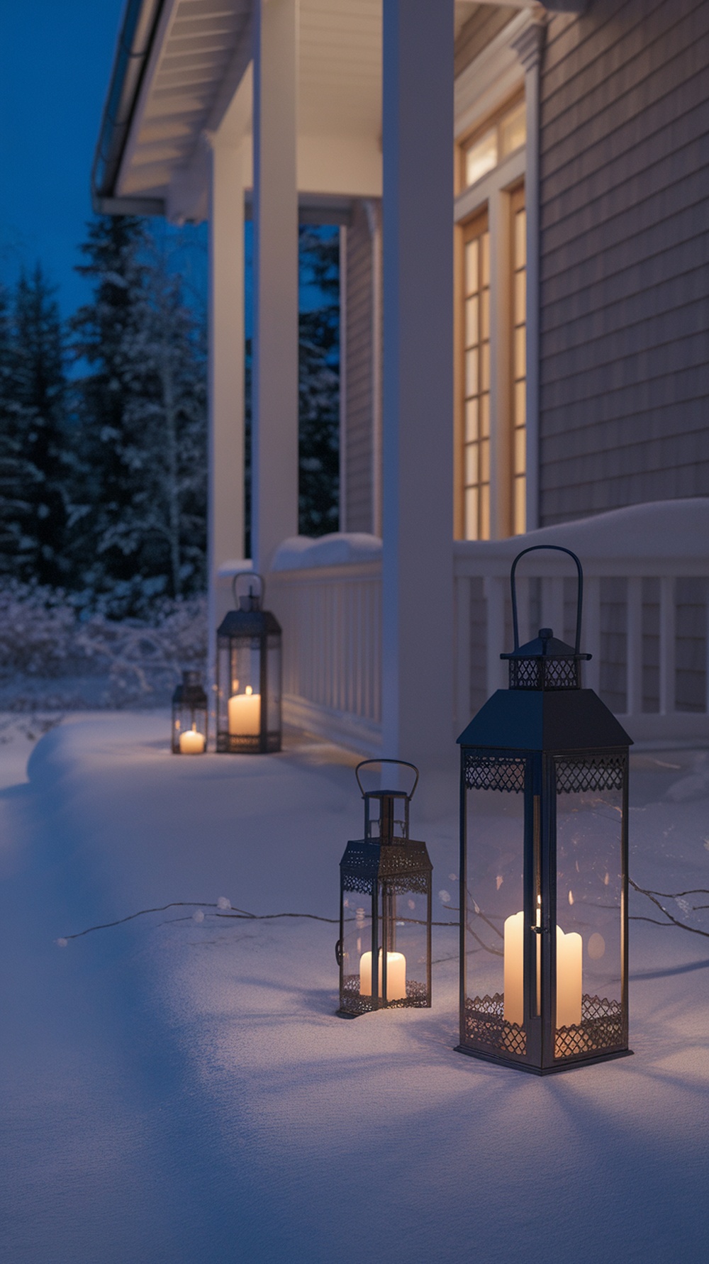 A cozy porch with Christmas lanterns glowing softly in the snow.