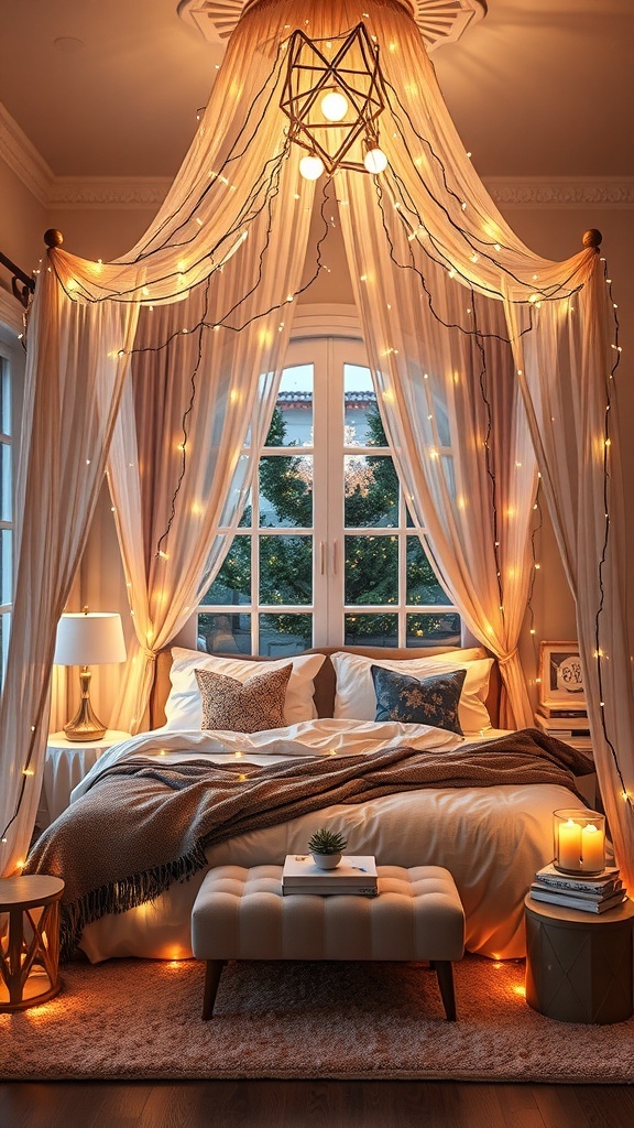 A cozy bedroom with a lights canopy made of drapes and fairy lights, creating a warm and festive atmosphere.