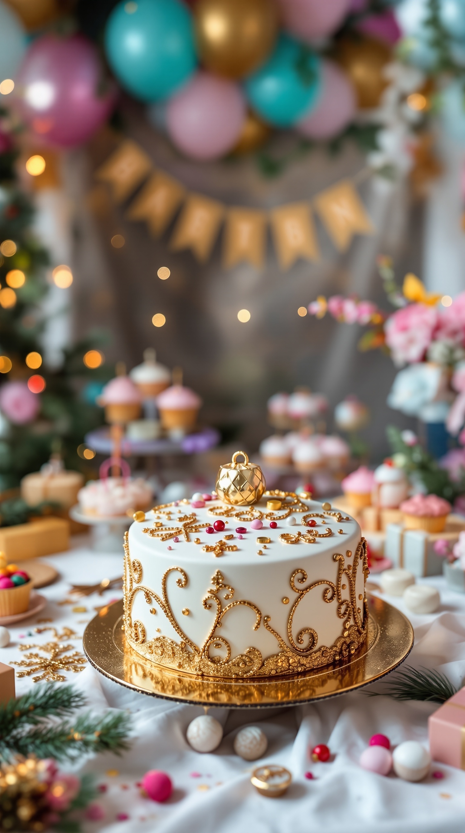 A beautifully decorated Christmas ornament cake with golden accents and colorful sprinkles, set against a festive backdrop.