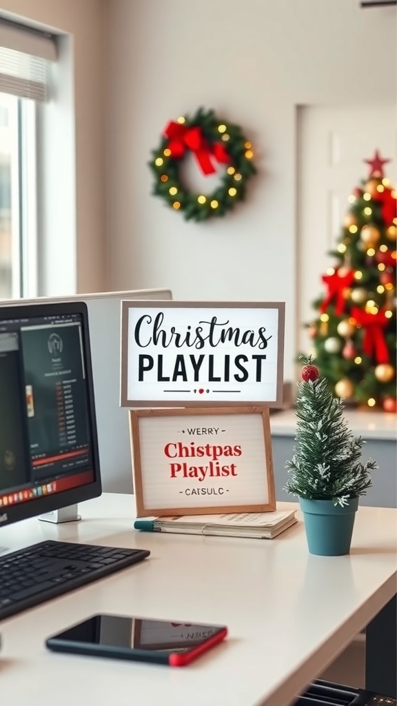A festive cubicle with a 'Christmas Playlist' sign, a small tree, and a wreath on the wall.