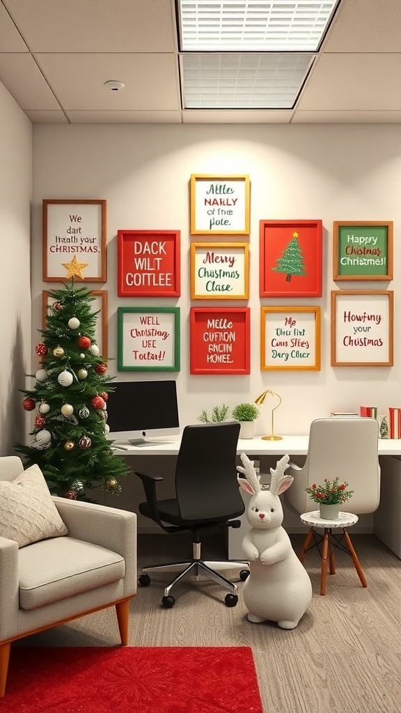 A cozy cubicle decorated for Christmas with a quote wall featuring colorful framed quotes, a small Christmas tree, and a cute bunny figurine.