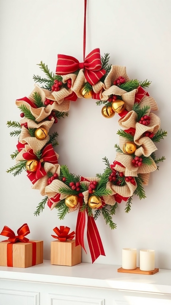 A Christmas rag wreath with burlap, red ribbons, golden bells, and greenery, displayed on a wall with gifts and candles.
