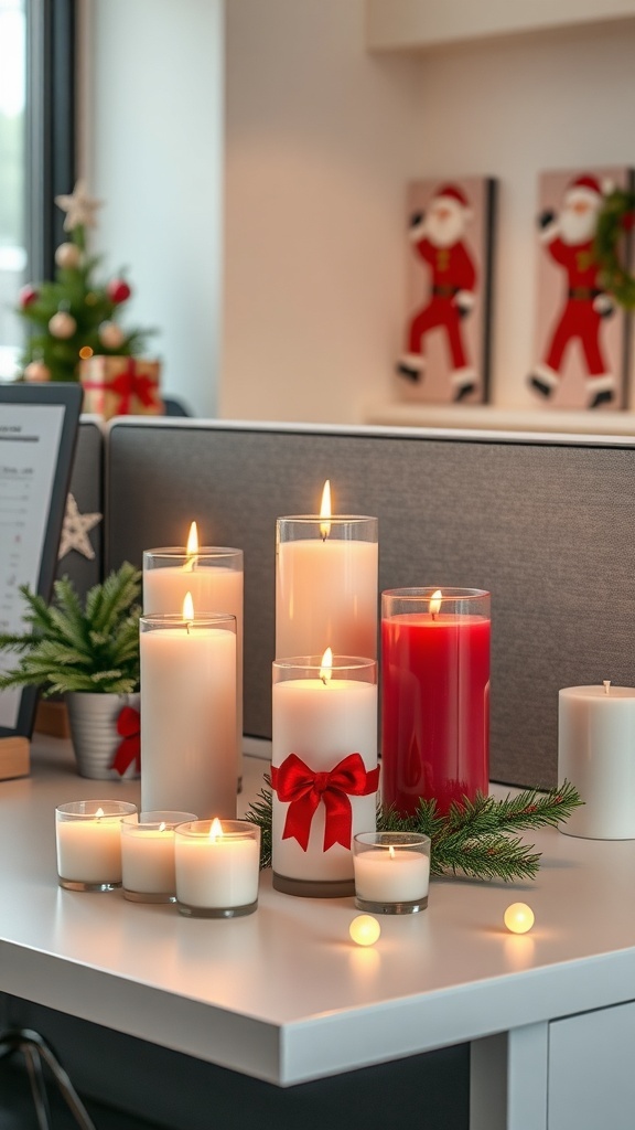A collection of Christmas scented candles in a cubicle setting, featuring red and white candles with festive bows and greenery.