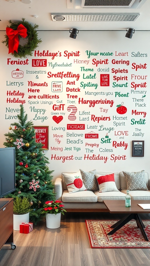 A decorated wall with festive words and phrases related to Christmas, alongside a small Christmas tree and cozy seating area.