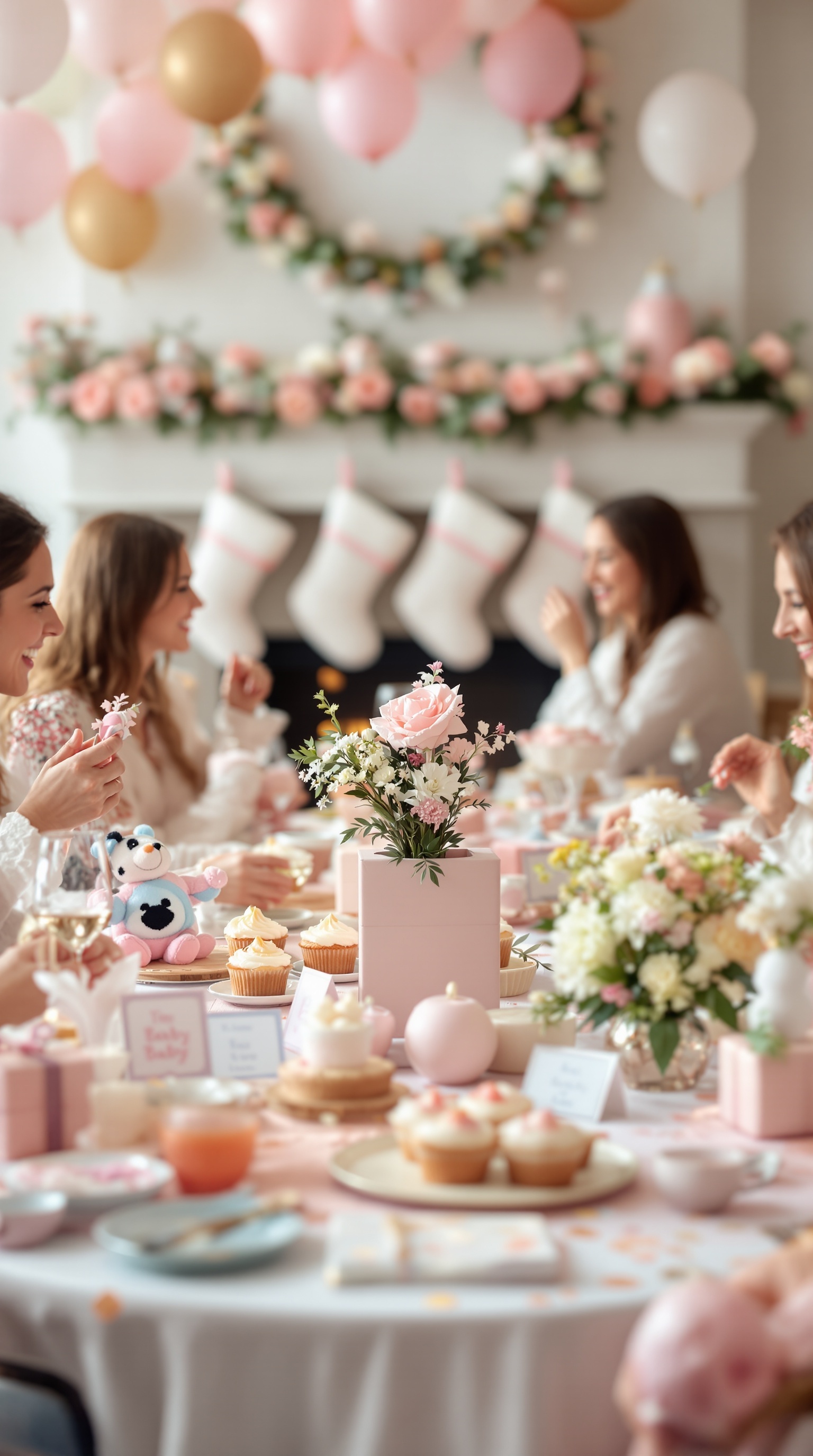 A festive Christmas gender reveal party with pink decorations, cupcakes, and stockings.
