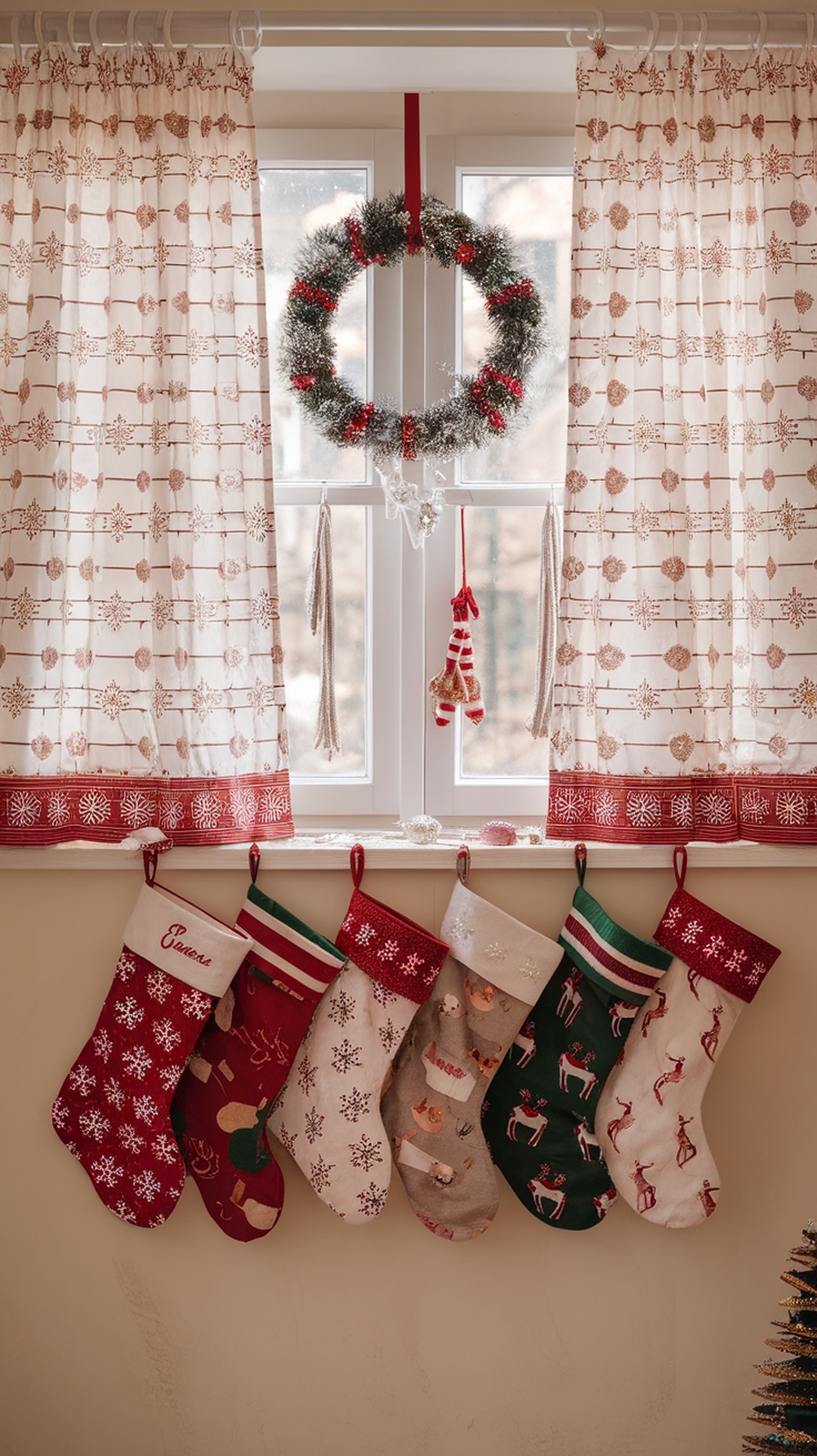 A display of colorful Christmas stockings hanging by a window, with a festive wreath above and patterned curtains.