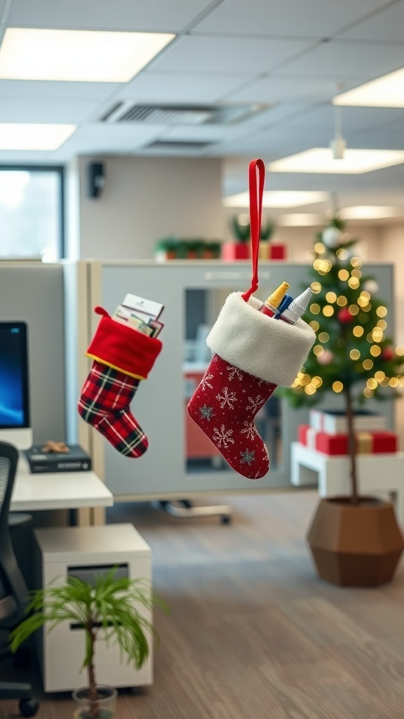 Two Christmas stockings hanging in an office cubicle, one filled with pens and the other with supplies.