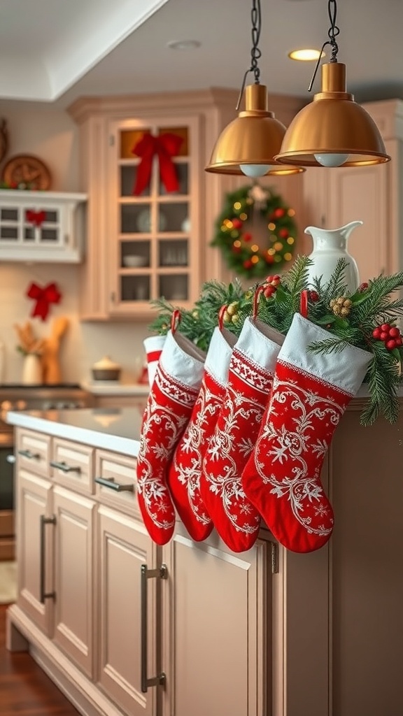 Christmas stockings hanging from a kitchen island decorated with greenery and ornaments.
