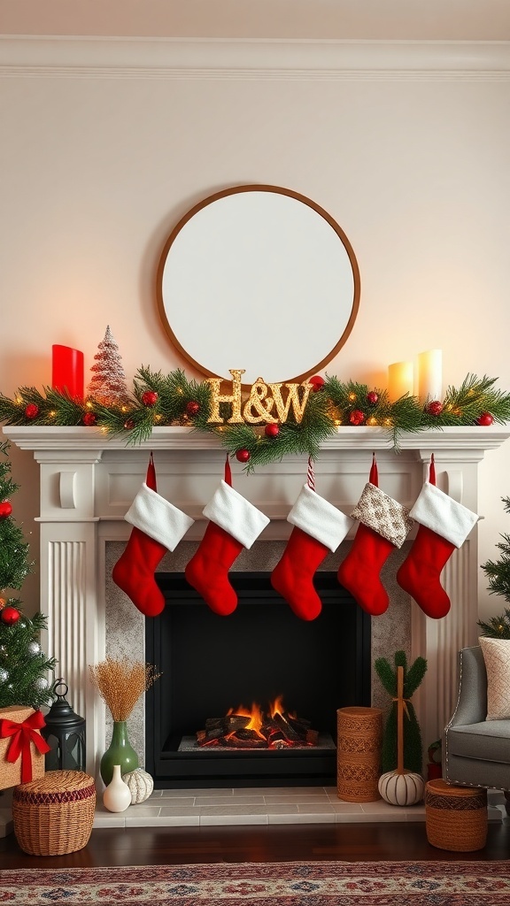 A cozy Christmas living room with red stockings on the mantle, decorated with greenery, candles, and a mirror.