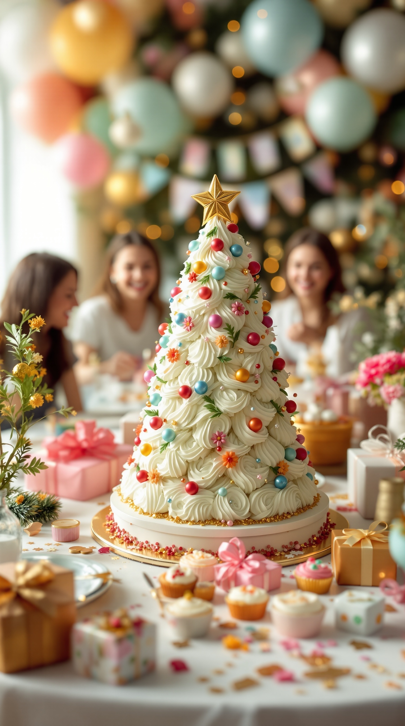 A beautifully decorated Christmas Tree Cake with colorful ornaments and flowers, set on a festive table with gifts and treats.