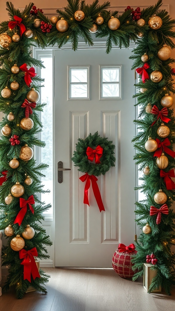 A beautifully decorated door with a Christmas tree garland, featuring gold ornaments, red bows, and a matching wreath.
