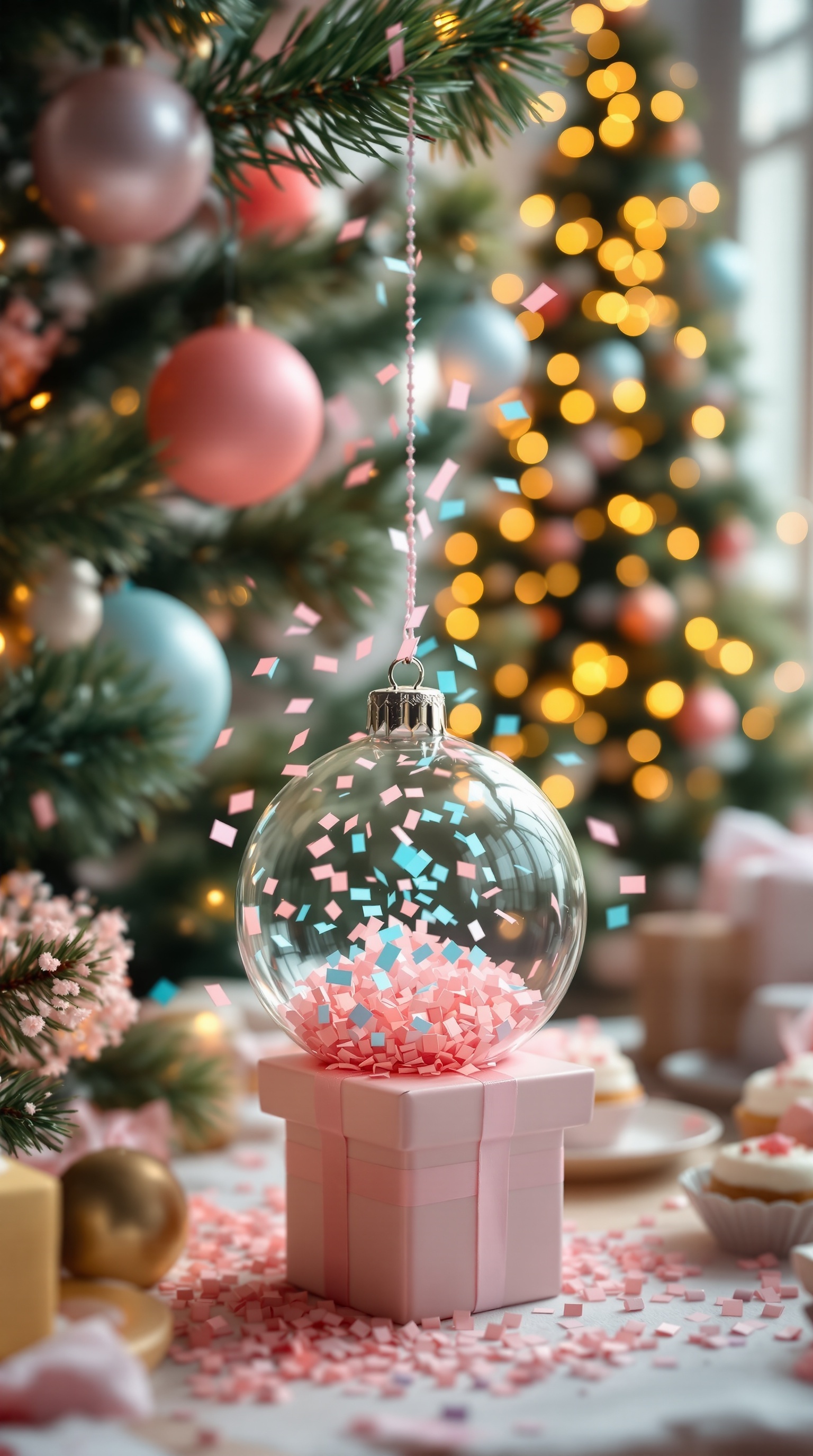 A glass ornament filled with pink and blue confetti hanging from a Christmas tree, surrounded by festive decorations.