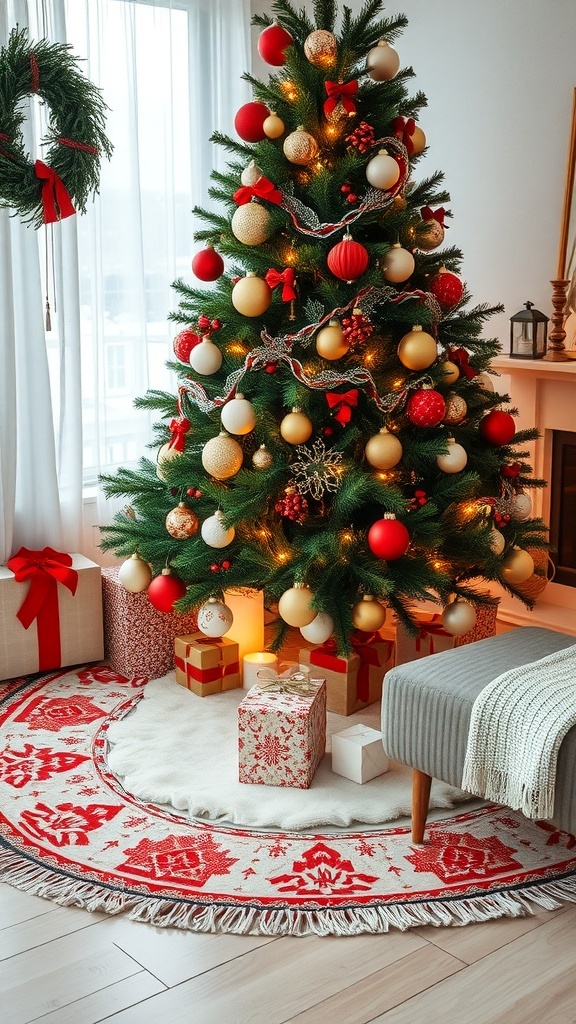 A beautifully decorated Christmas tree with a red and white patterned skirt, surrounded by presents.