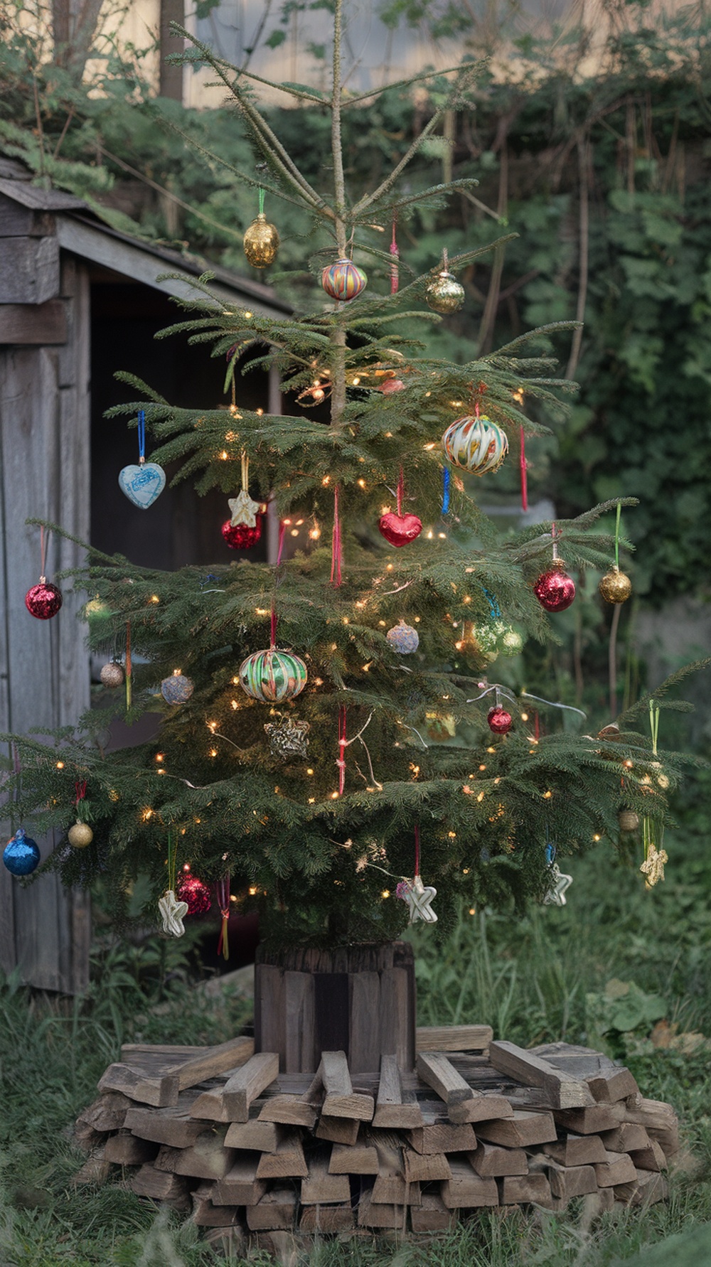 An outdoor Christmas tree decorated with colorful ornaments and lights, sitting on a wooden base surrounded by greenery.