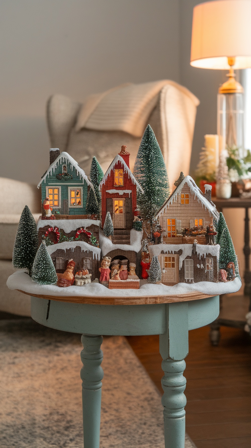 A charming Christmas village display featuring miniature houses, snow, and festive decorations.