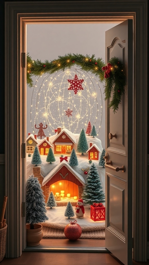 A beautifully decorated Christmas village scene displayed at a door, featuring miniature houses, trees, and festive lights.