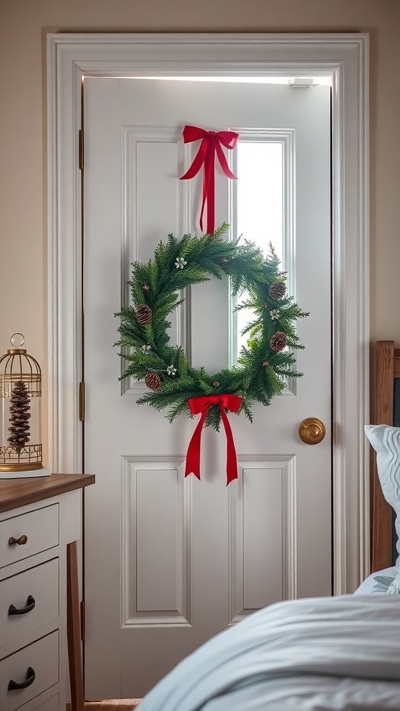 A Christmas wreath with pinecones and red ribbons hanging on a white door in a cozy bedroom.