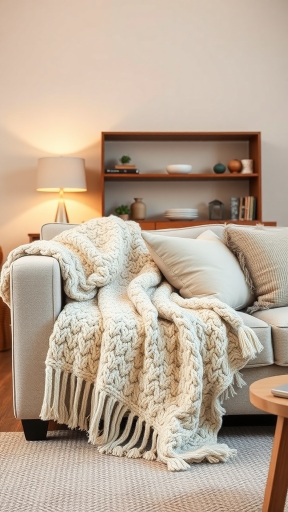 A cozy chunky knit blanket draped over a sofa, adding warmth and texture to the living room.