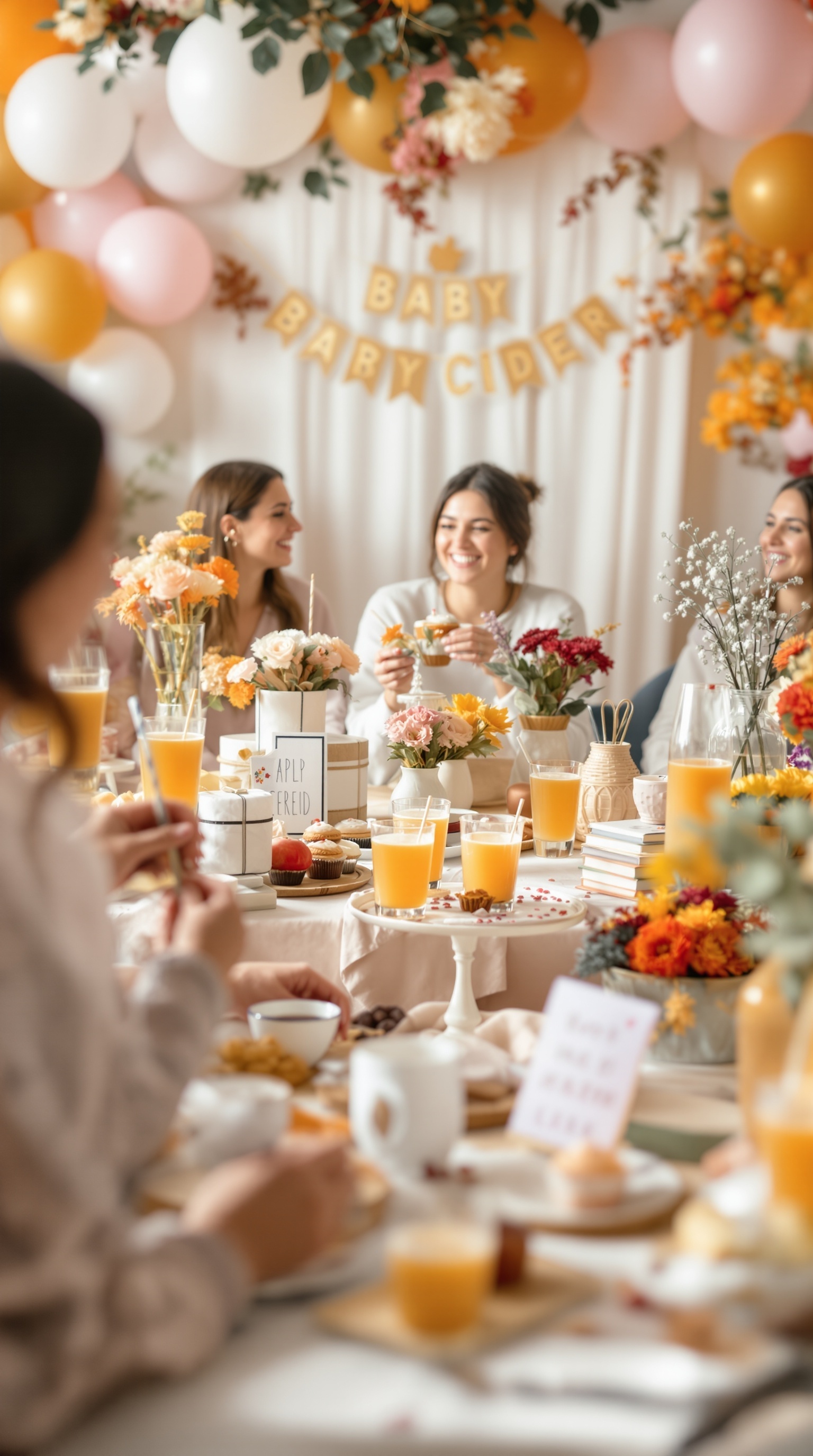 A cozy baby shower table with cider drinks, flowers, and autumn decorations.