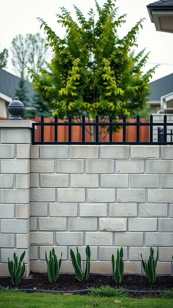 A cinder block fence with a black metal railing and plants at the base.